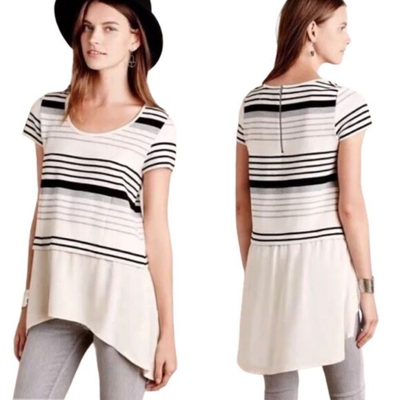 Anthropologie Tops - Anthropologie Deletta Tunic black and white striped Top hi low crew neck tunic S
